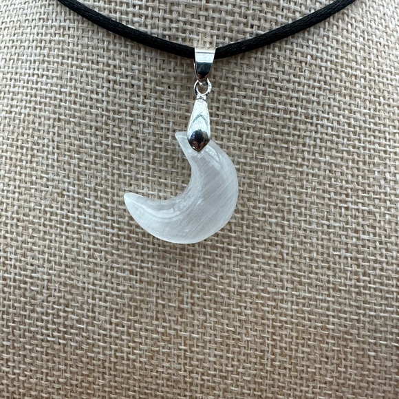 Jewelry - Small Selenite Crescent Moon Pendant on Black Satin Rope
